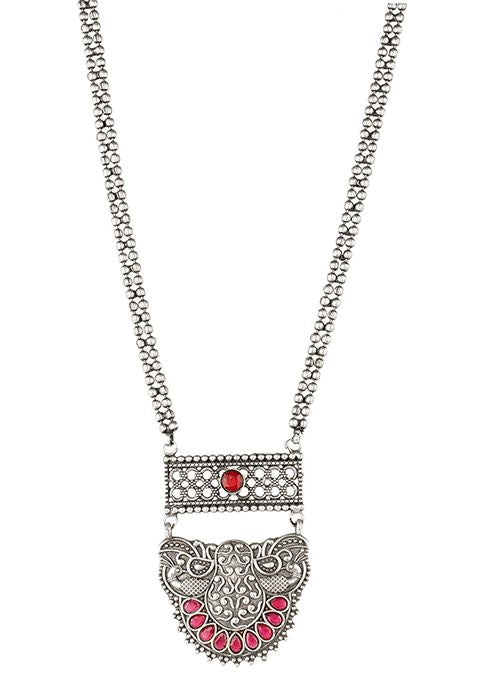 Long Pattern Silver Tone Brass Necklace And Earrings Set