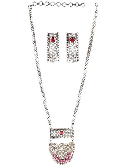 Long Pattern Silver Tone Brass Necklace And Earrings Set