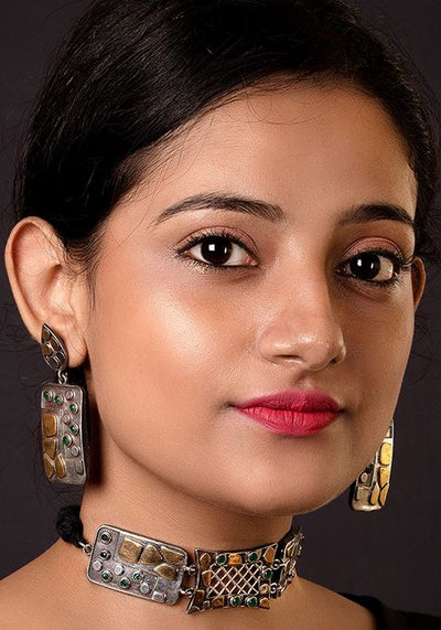 Silver Tone Mirror Work Brass Necklace And Earrings Set
