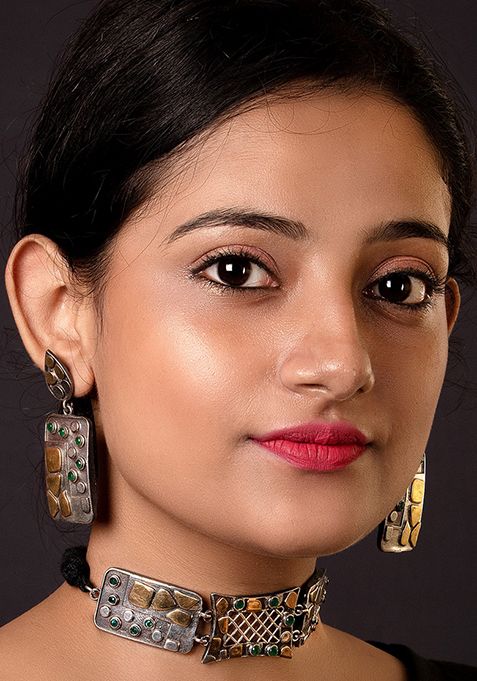 Silver Tone Mirror Work Brass Necklace And Earrings Set