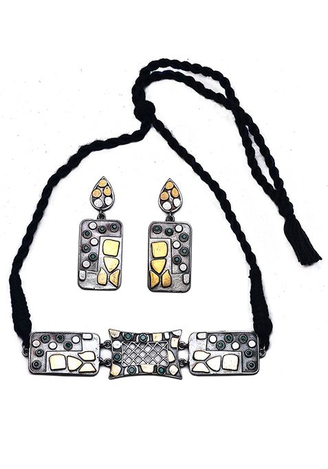 Silver Tone Mirror Work Brass Necklace And Earrings Set