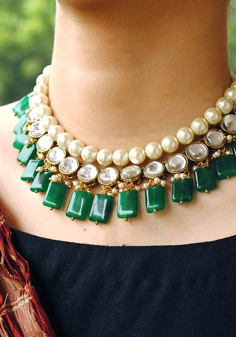 Green Semi Precious Stone And Kundan Necklace