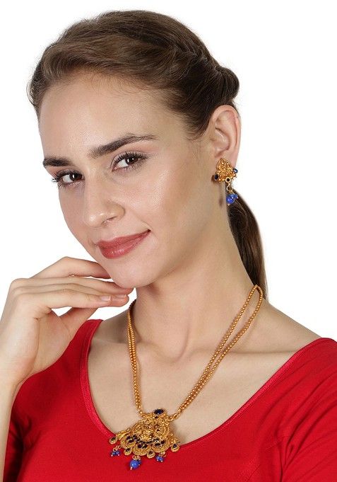 Blue Matte Gold Finish Stone Studded Temple Necklace Set