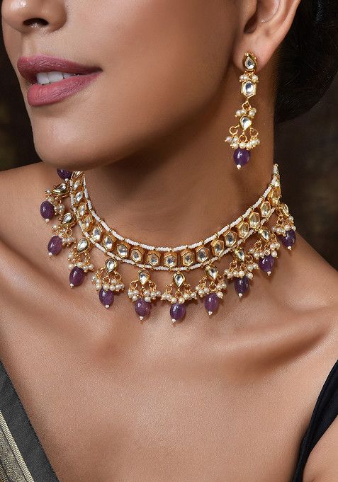 Purple Gold Tone Kundan Necklace Set