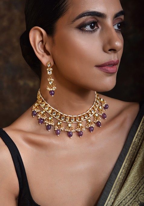 Purple Gold Tone Kundan Necklace Set