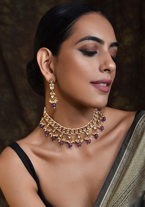 Purple Gold Tone Kundan Necklace Set