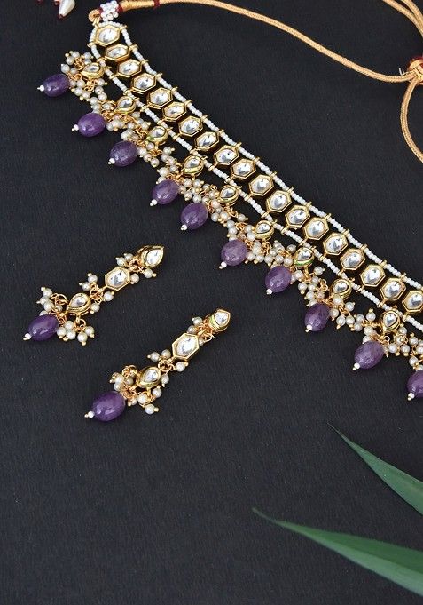 Purple Gold Tone Kundan Necklace Set