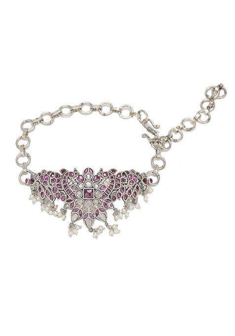 Silver Finish Purple Stone Handcrafted Brass Necklace And Earrings Set