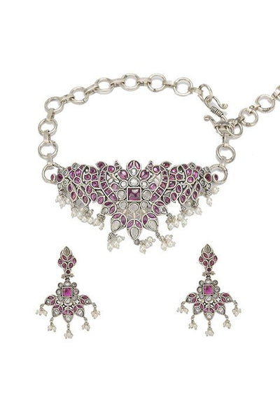 Silver Finish Purple Stone Handcrafted Brass Necklace And Earrings Set