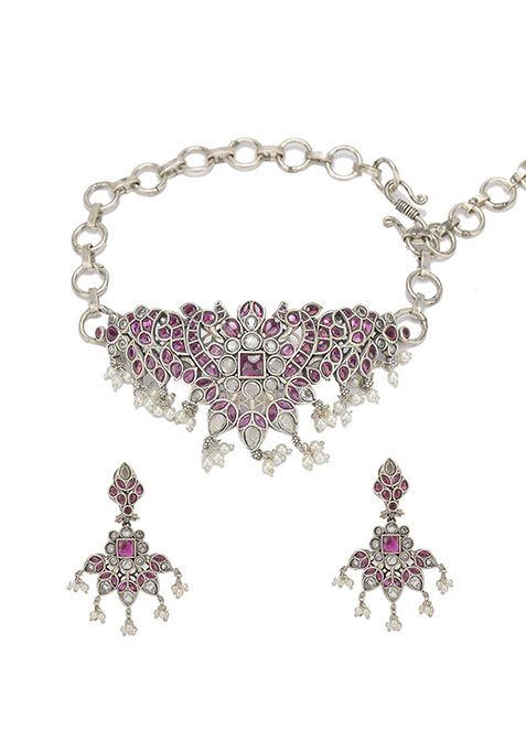 Silver Finish Purple Stone Handcrafted Brass Necklace And Earrings Set