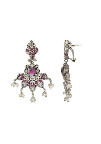 Silver Finish Purple Stone Handcrafted Brass Necklace And Earrings Set