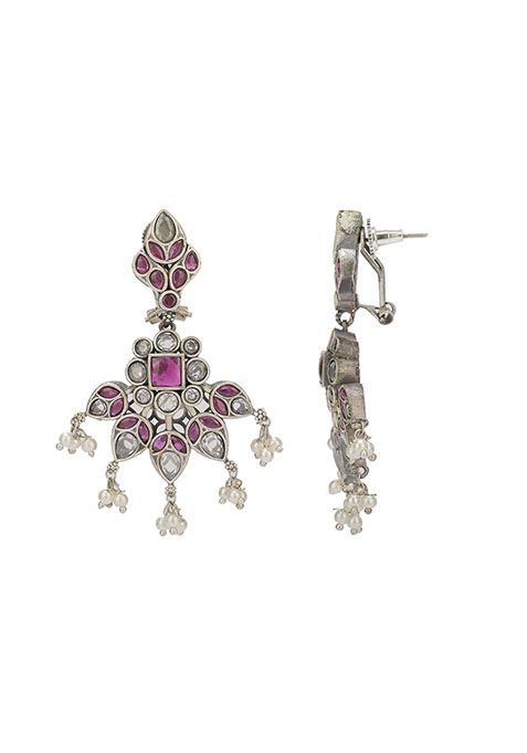 Silver Finish Purple Stone Handcrafted Brass Necklace And Earrings Set