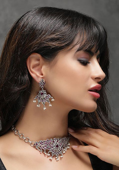 Silver Finish Purple Stone Handcrafted Brass Necklace And Earrings Set