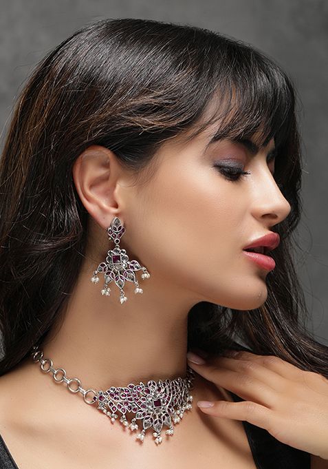 Silver Finish Purple Stone Handcrafted Brass Necklace And Earrings Set