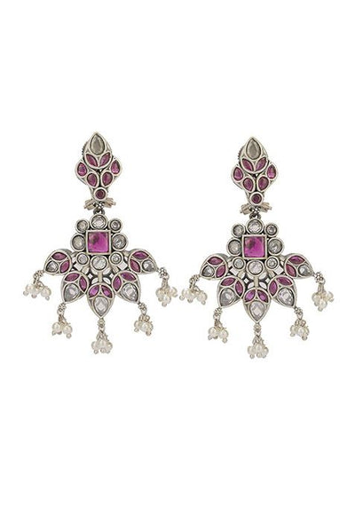 Silver Finish Purple Stone Handcrafted Brass Necklace And Earrings Set
