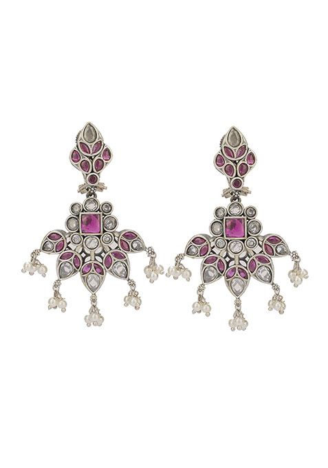 Silver Finish Purple Stone Handcrafted Brass Necklace And Earrings Set