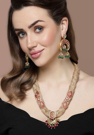 Red And Green Kundan Necklace And Earrings Set