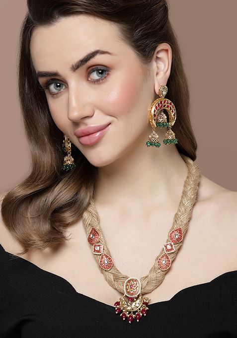 Red And Green Kundan Necklace And Earrings Set