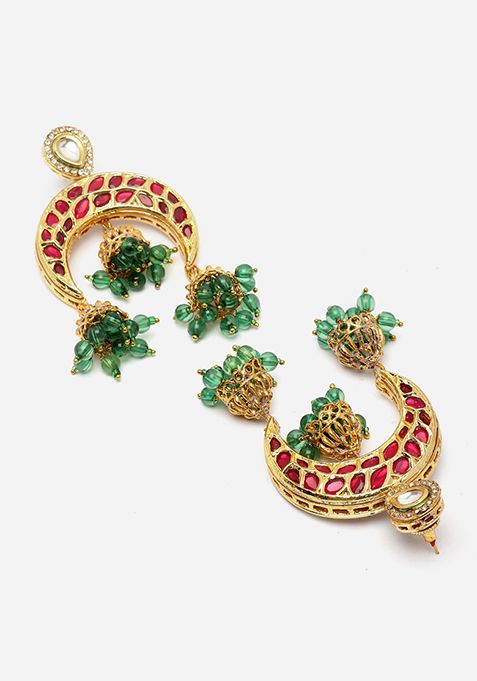 Red And Green Kundan Necklace And Earrings Set