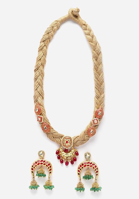 Red And Green Kundan Necklace And Earrings Set
