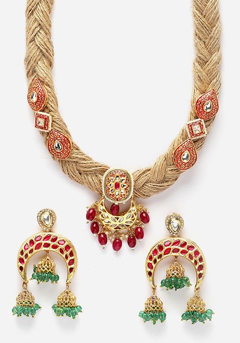 Red And Green Kundan Necklace And Earrings Set