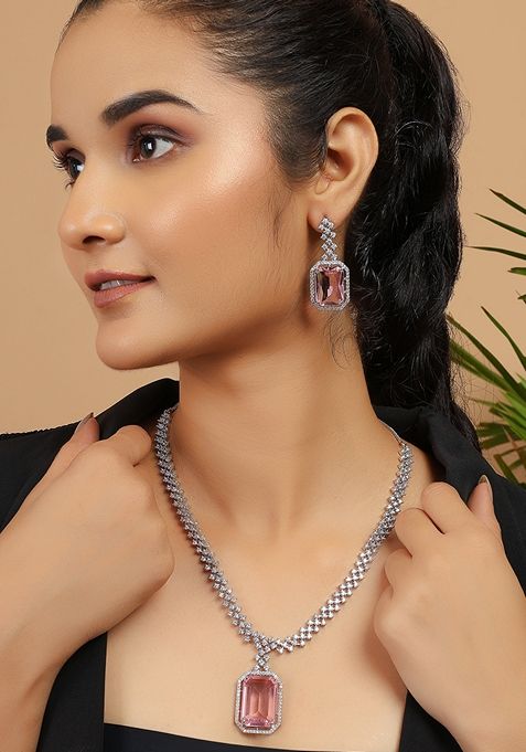 Silver Plated Pink Crystal Zirconia Studded Statement Necklace Set