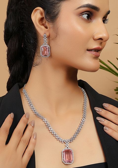 Silver Plated Pink Crystal Zirconia Studded Statement Necklace Set