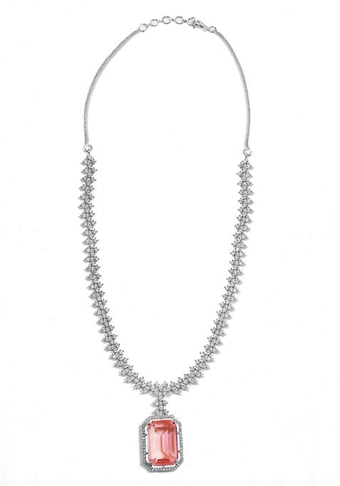 Silver Plated Pink Crystal Zirconia Studded Statement Necklace Set