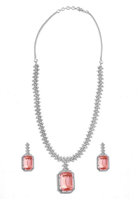 Silver Plated Pink Crystal Zirconia Studded Statement Necklace Set