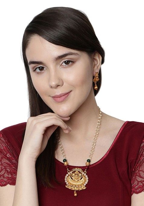 White Gold Plated Maa Laxmi Stone Studded Necklace Set