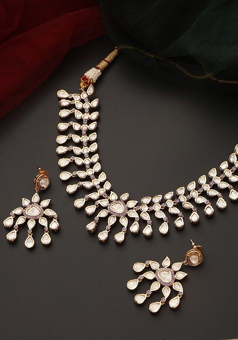 Lavender Rose Gold Tone Polki Necklace Set
