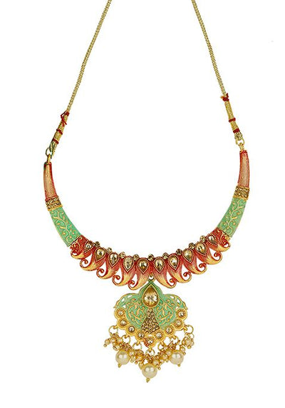 Gold Plated Artificial Stone And Bead Necklace Set