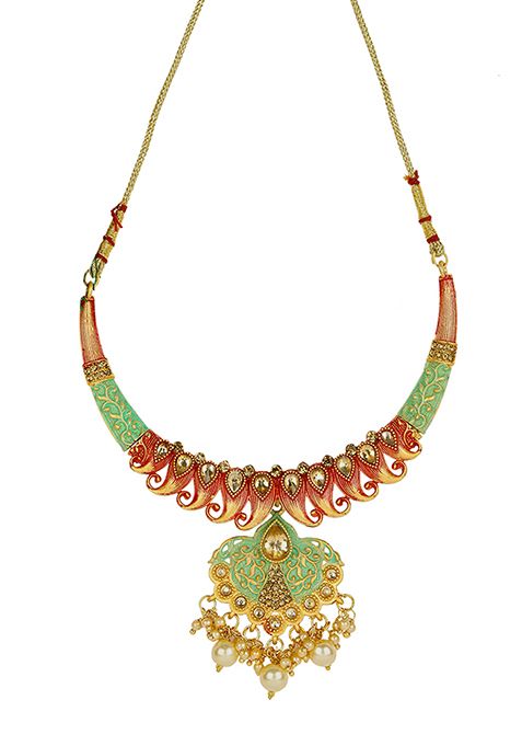 Gold Plated Artificial Stone And Bead Necklace Set