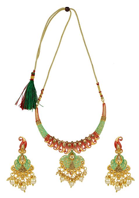 Gold Plated Artificial Stone And Bead Necklace Set