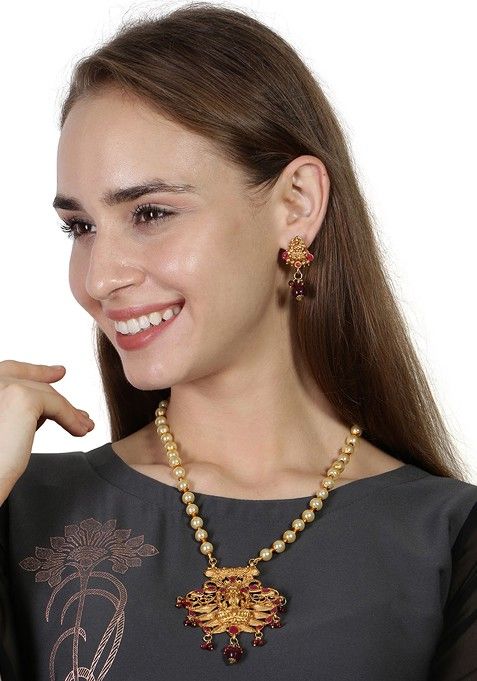 Maroon Matte Gold Finish Stone Studded Temple Necklace Set