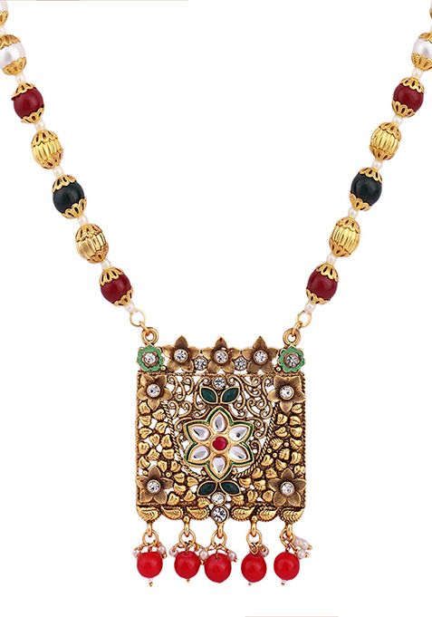 Multicolour Gold Plated Artificial Stone And Bead Necklace Set