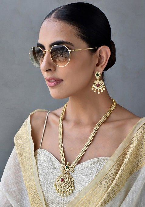 Red Gold Tone Kundan Long Necklace Set