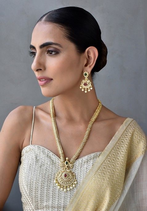 Red Gold Tone Kundan Long Necklace Set