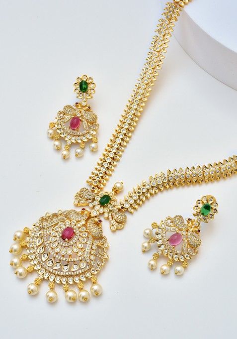 Red Gold Tone Kundan Long Necklace Set