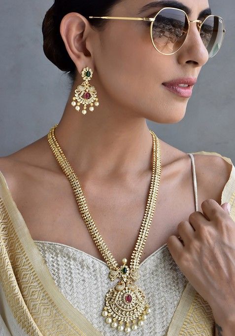 Red Gold Tone Kundan Long Necklace Set