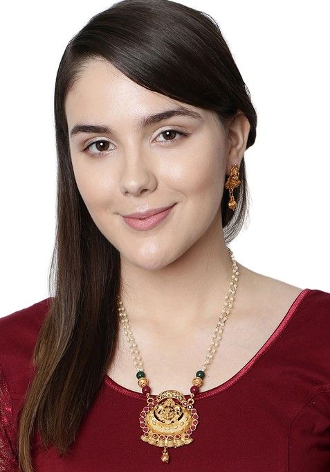 Red Gold Plated Maa Laxmi Stone Studded Necklace Set