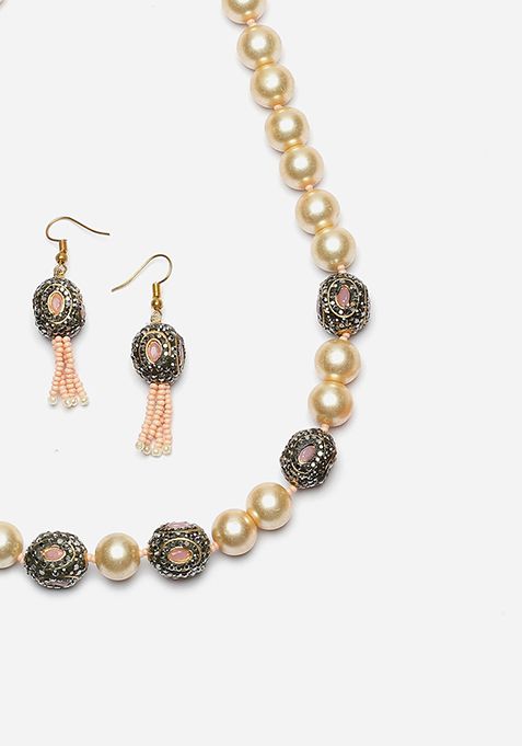 Pink And Ivory Pearl Necklace And Earrings Set
