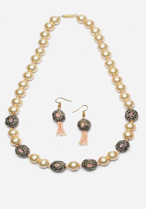 Pink And Ivory Pearl Necklace And Earrings Set