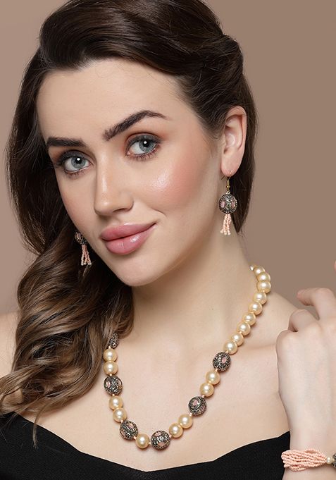Pink And Ivory Pearl Necklace And Earrings Set