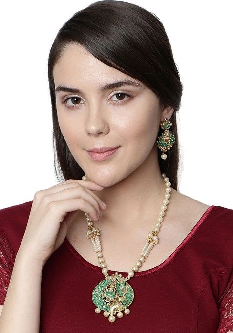 Green Matte Gold Finish Meenakari Pearl Temple Necklace Set