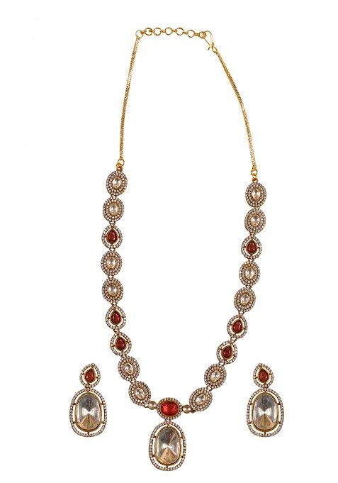 Gold Plated Ruby Pink Moissanite Polki Necklace Set