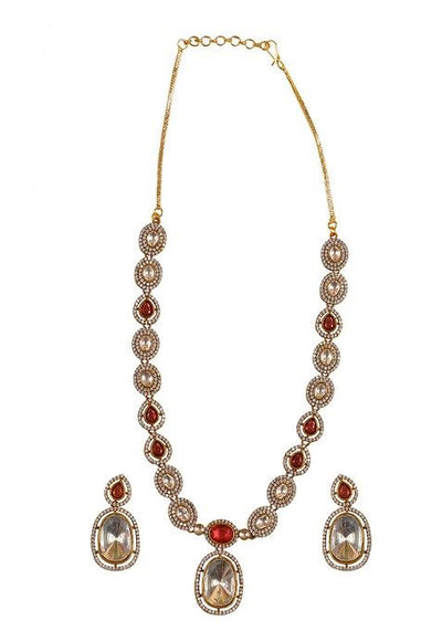 Gold Plated Ruby Pink Moissanite Polki Necklace Set