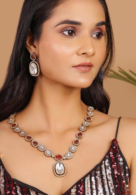 Gold Plated Ruby Pink Moissanite Polki Necklace Set