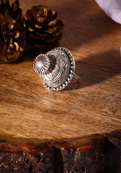 Silver Oxidised Floral Dome Ring