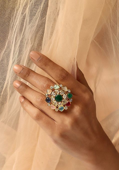 Multicolour Gold Tone Kundan Ring